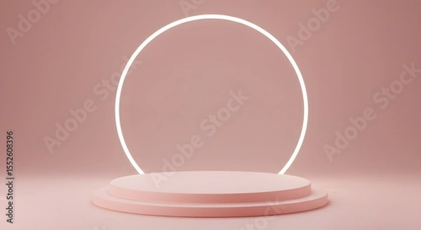 Fototapeta Pink podium with a glowing circle backdrop for product display or presentation.