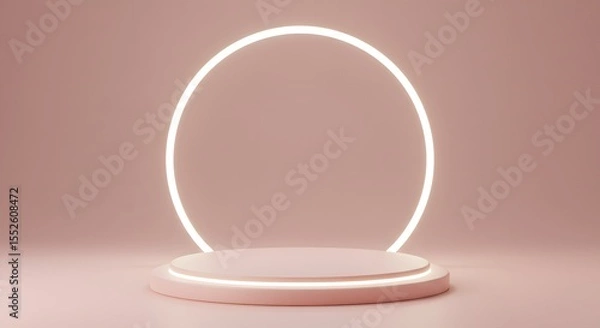 Fototapeta A circular platform with a neon ring on a pink background.