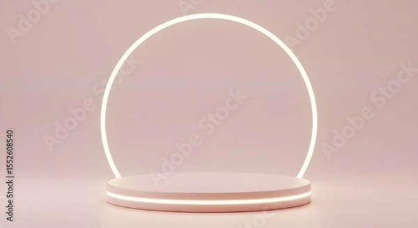 Fototapeta Pink podium with neon circle backdrop for product display or presentation.