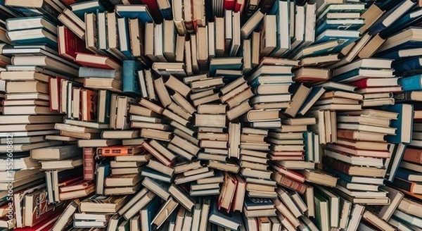 Fototapeta Aerial view showcasing a dense collection of assorted books piled together in a chaotic arrangement