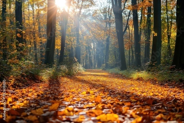 Fototapeta Peaceful forest trail in autumn with radiant light and falling leaves