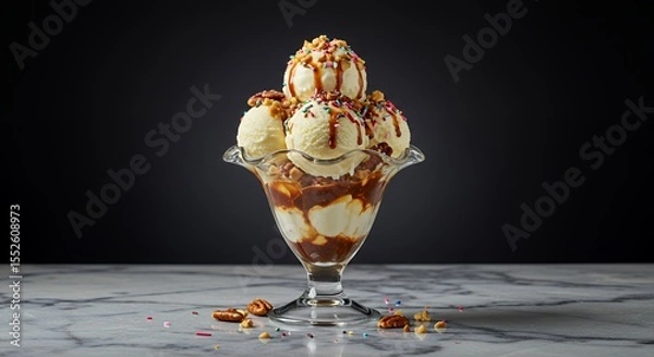 Obraz Decadent Vanilla Ice Cream Sundae Drizzled with Caramel and Topped with Pecans and Sprinkles