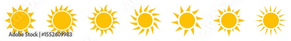 Fototapeta Collection of sun icons with various styles and ray patterns. Perfect for weather apps, summer themes, travel graphics, UI elements, and climate or sunlight vector icons.