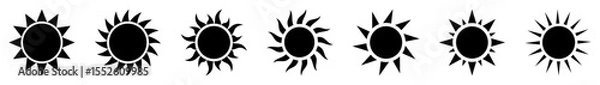 Fototapeta Collection of sun icons with various styles and ray patterns. Perfect for weather apps, summer themes, travel graphics, UI elements, and climate or sunlight vector icons. Icons, vector.