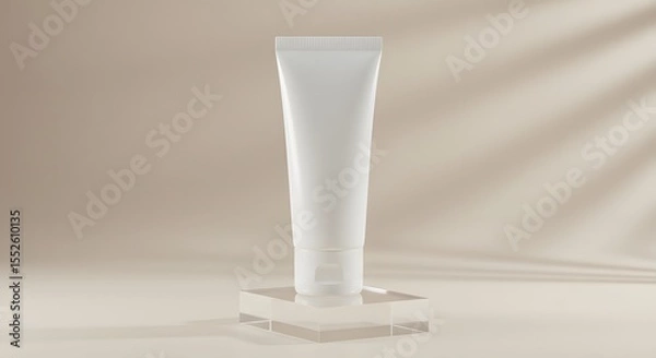 Fototapeta White tube on a transparent stand against a beige background with shadow patterns.