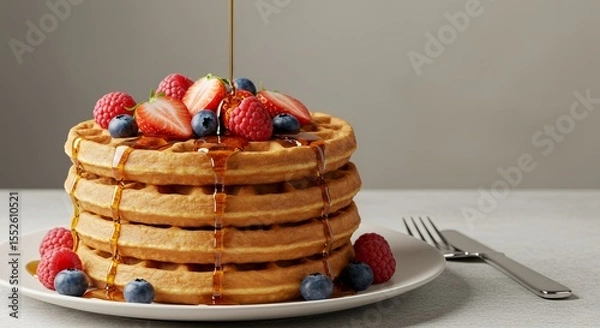 Obraz Delicious Stack of Waffles with Berries and Syrup