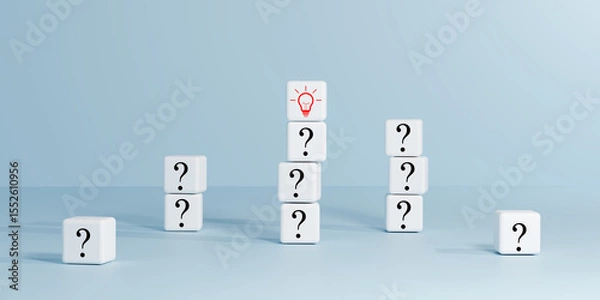 Obraz Minimalist white cubes with question marks surround one red light bulb cube in the center. Symbolizing problem-solving, ideas, challenges, creative solutions. Perfect for business strategy, innovation