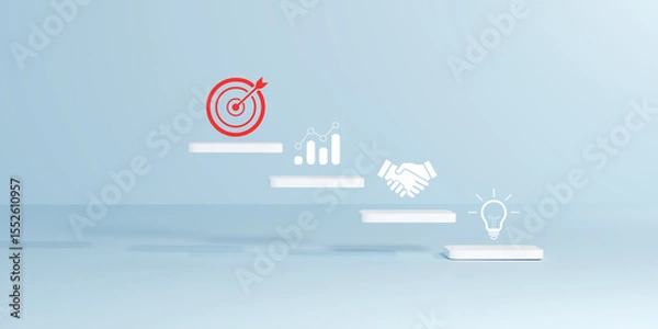 Obraz A series of white steps leading to a red target with icons representing growth, partnership, and innovation, symbolizing business strategy, goal achievement, and collaborative success in a 3D render.