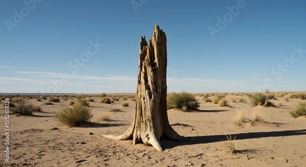 Fototapeta Dead tree trunk stands in a dry arid landscape under a clear sky.