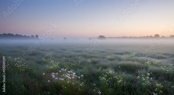 Fototapeta Foggy meadow with grass and flowers at dawn or dusk under a pastel sky.