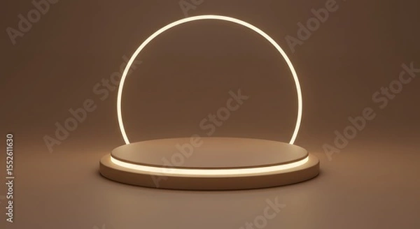 Fototapeta Minimalist podium with circular neon light against a brown background.