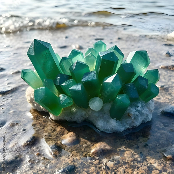 Fototapeta Prasiolite Coastline: Emerald Amethyst Clusters on the Seashore