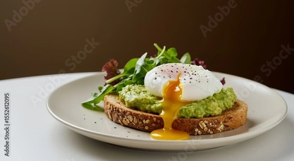 Obraz Indulge in this vibrant avocado toast topped with a perfectly poached egg, a delightful start to your day.
