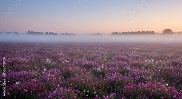 Fototapeta Foggy field with purple flowers and trees in the background at dawn.