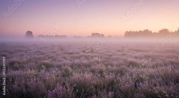 Fototapeta Foggy field with trees in the distance under a pastel colored sky.