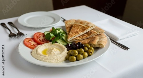 Obraz Mediterranean Mezze Platter: Hummus, Pita, Olives, and Fresh Vegetables