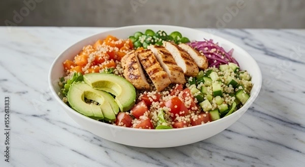 Obraz Grilled Chicken and Quinoa Power Bowl: A vibrant and healthy meal bursting with fresh flavors.