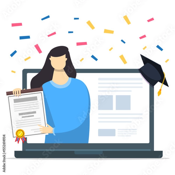 Obraz Online education concept. A woman holding certificate of online course.