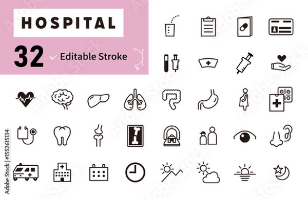 Obraz 病院やクリニックの診療科、医療に関する線画のベクターアイコンセット