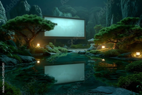 Fototapeta Reflecting Screen in Peaceful Pond Surrounded by Lush Foliage at Night. Mock up promotion information for marketing announcements and details, blank white space
