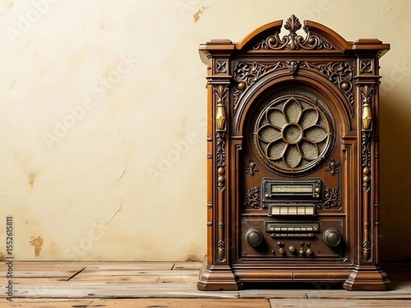 Fototapeta Vintage radio placed against a clean background with ample copy space beside it. Ideal for retro-themed designs, advertisements, and nostalgic visual concepts