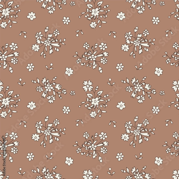 Fototapeta Monochrome ditsy floral seamless pattern on brown background. Hand drawn vintage backdrop with tiny flower bouquets. Cottage core texture with sketchy blooms and leaves.