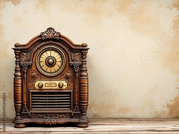 Fototapeta Vintage radio placed against a clean background with ample copy space beside it. Ideal for retro-themed designs, advertisements, and nostalgic visual concepts