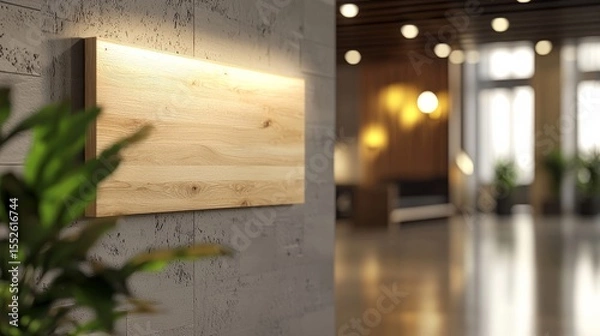 Obraz Modern wooden signboard with a smooth, illuminated surface mounted on a textured concrete wall, symbolizing a contemporary and elegant display for branding or information in a professional setting