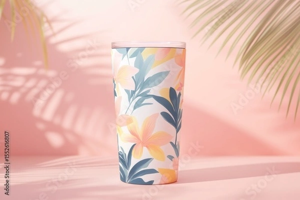 Obraz A tropical tumbler mockup with a delicate floral pattern on a pink background with palm shadows, symbolizing refreshing drinks, summer, and a relaxing vacation
