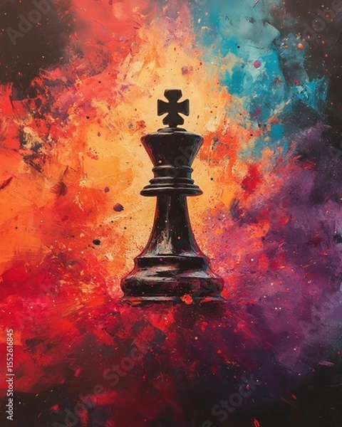Obraz A bold black king chess piece against a dynamic, colorful abstract explosion, symbolizing strategic brilliance, impactful decisions, and creative power