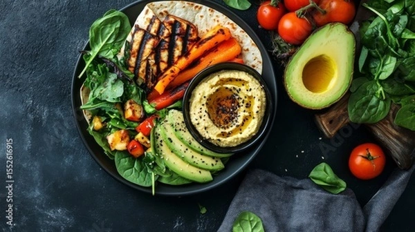Obraz A delicious whole grain wrap with grilled vegetables, fresh avocado, and a side of hummus, symbolizing healthy, plant-based eating and a nutritious meal