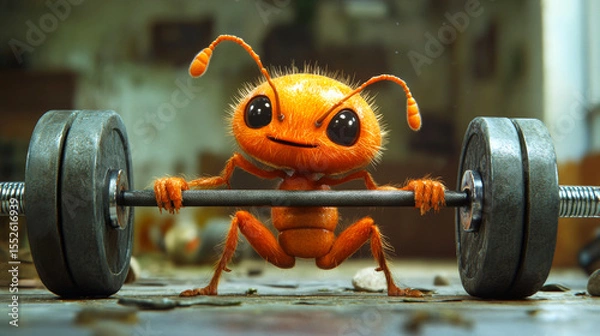 Obraz Adorable yet mighty orange ant performs an intense deadlift, symbolizing incredible strength, perseverance, and overcoming challenges