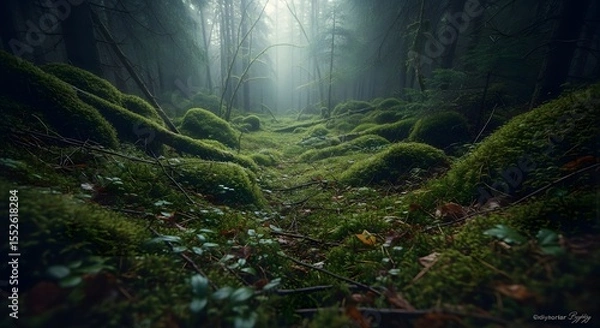 Fototapeta A view of a mossy forest floor with trees and a hazy glow in the distance in a natural setting