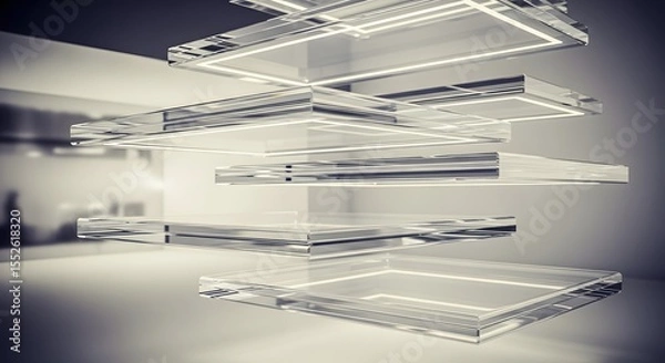 Fototapeta Arrangement of multiple rectangular glass panes stacked in a staggered formation with interior glow