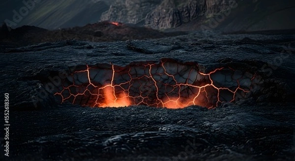 Fototapeta Cracked earth reveals molten lava with mountains and hazy sky in the distance on a desolate landscape