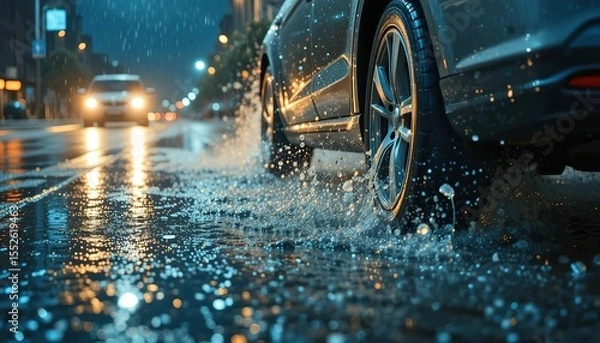 Fototapeta Car drives through puddles after rain at night. Closeup of auto tires and water splash on wet asphalt. Extreme driving in city during a storm. Wet road with car lights reflection, 32k resolution
