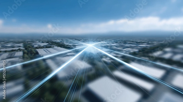 Fototapeta Aerial view of cityscape with digital light trails converging towards horizon, creating futuristic and dynamic scene, under partly cloudy sky, evoking speed and connectivity
