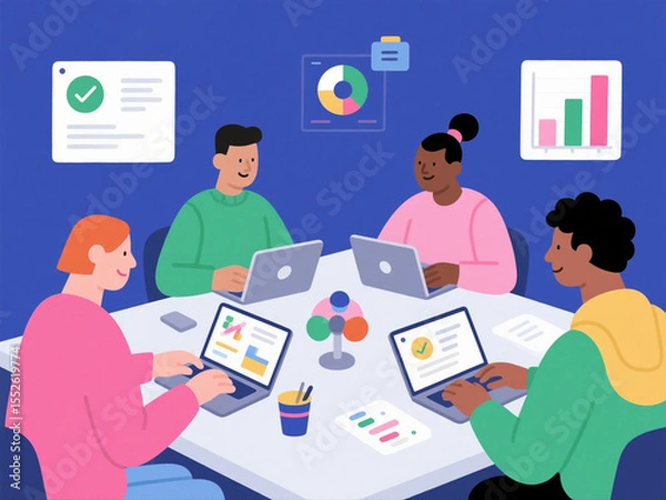Obraz Vector illustration of a diverse team working remotely via laptops, modern flat design, office icons and charts