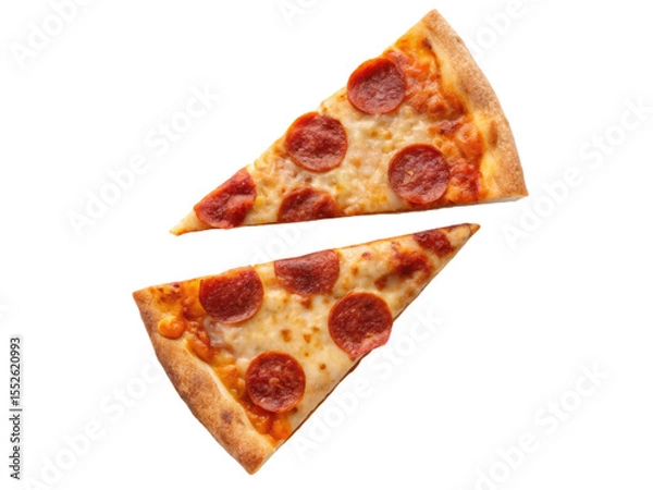 Obraz Two slices of classic Italian pepperoni pizza isolated on white background. Suitable for marketing or business purposes. PNG file