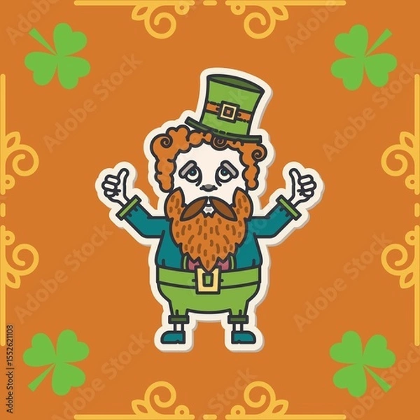 Fototapeta Image of st patrick's day leprechaun and green shamrocks on orange background