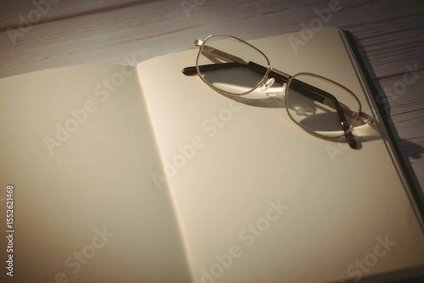 Obraz Old fashioned eyeglasses kept on blank book