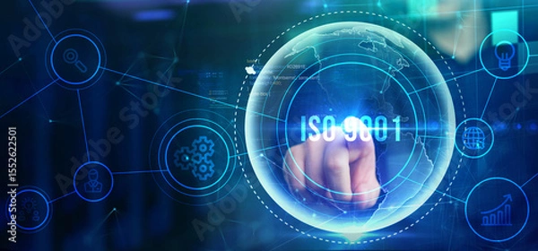 Obraz Business, technology, internet and network concept. Virtual screen of the future with the inscription: ISO 9001.