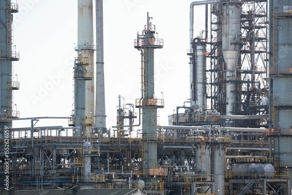 Fototapeta Refinery network showing flat design distillation columns, pipes, catwalks, valves under pale sky