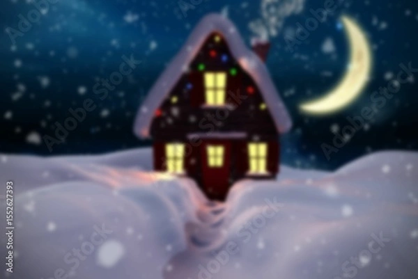 Fototapeta Flat illustration cabin is glowing through yellow windows under starry night sky with string lights