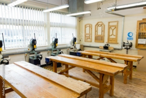 Fototapeta Flat design workshop is showcasing workbenches, drill presses, window blinds, frames, tool cabinets