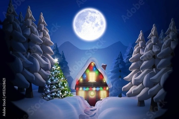 Fototapeta Flat design cabin is glowing with lights in snowy clearing under full moon, lit Christmas tree