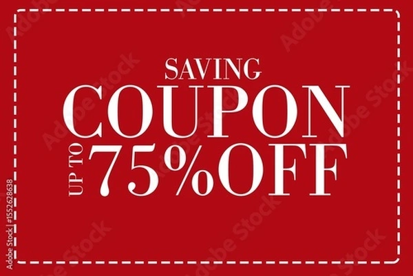 Obraz showing flat coupon on red with dashed border featuring saving up to 75% off rotated vertically