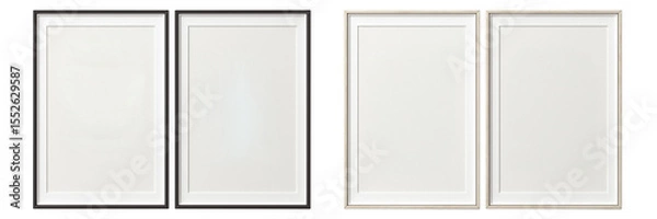 Obraz Two sets of empty picture frames, one black and one white, arranged side by side for display purposes.