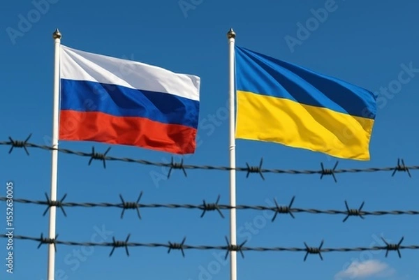 Fototapeta Russian and Ukrainian flags waving behind barbed wire under a clear blue sky, symbolizing war, geopolitical conflict, and national division.