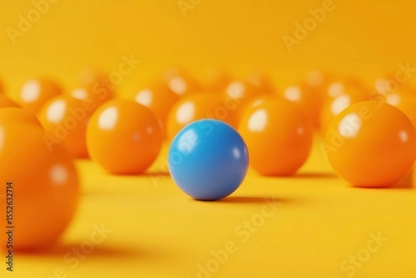 Fototapeta Conceptual 3D design showing individuality with a single blue leader ball, orange minimal space